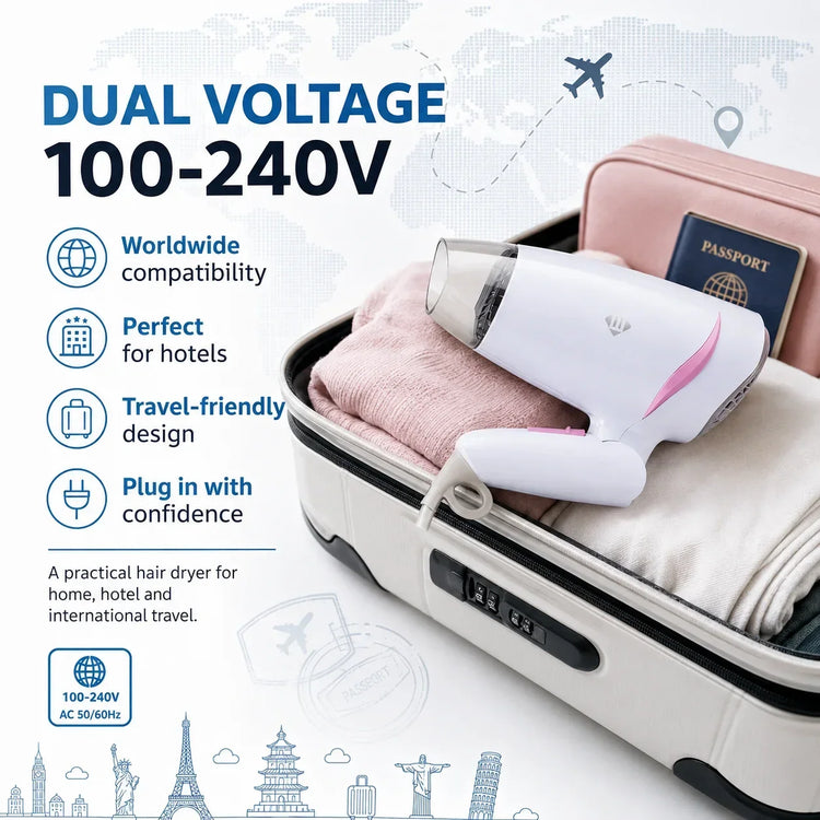 1600W Dual Voltage Hair Dryer Foldable Design 100-240V Portable Travel Hairdryer Hot Cold Air Styling Tool Hotel Use
