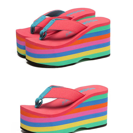 Rainbow Flip-Flops Women's Beach Sandals Summer Frosted Strap Super High Wedge Slippers Women's Summer Slippers