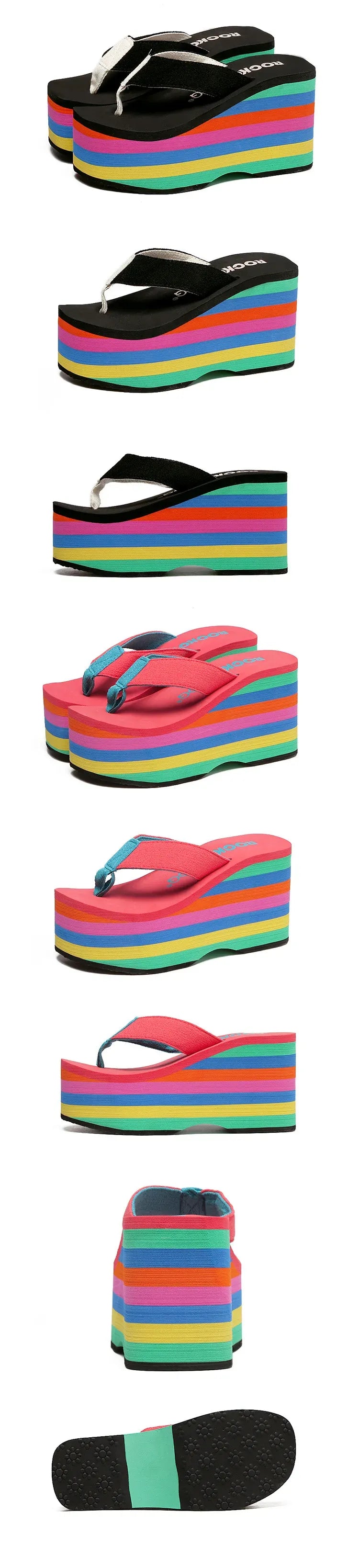 Infradito arcobaleno Sandali da spiaggia da donna Cinturino smerigliato estivo Pantofole con zeppa super alta Pantuflas estivi da donna