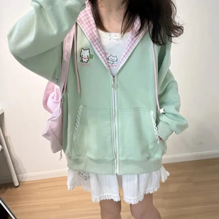 Y2k Hoodies Green Kawaii Cat Floral Print Hooded Zip-up Woman Sweatshirts Pink Thin Jacket Spring Fall Clothes Cute Streetwear