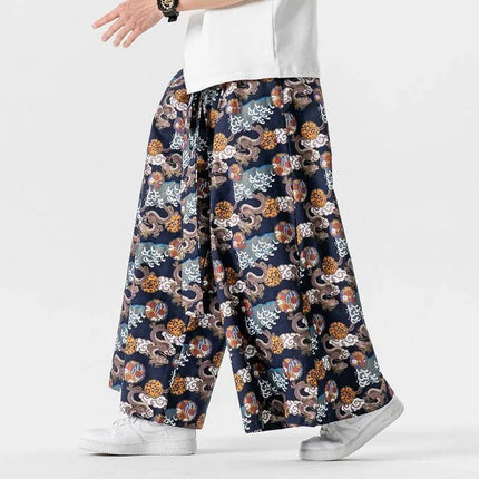 Pantaloni da samurai giapponesi da uomo con stampa drago pantaloni casual larghi da uomo stile kimono pantaloni larghi moda vintage streetwear