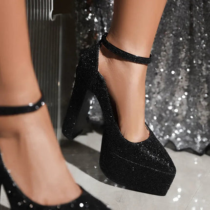 Ochanmeb Bling Bling Silver Gold Glitter Shoes Woman Ultra High Heels Platform Buckle Sequin Red Pumps Ladies Party Prom Wedding PlatiNum