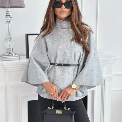 Women's Thick Turtleneck Batwing Sleeve Cape Coat with Single Button Elegant Three Quarter Length Top for Woman and Ponchos