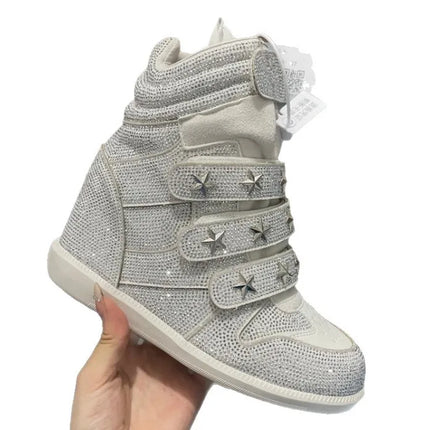Women Rhinestone High Top Sneakers Hidden Wedge Heel Shoes Star Decor Hook & Loop Fashion Platform Ankle Boots
