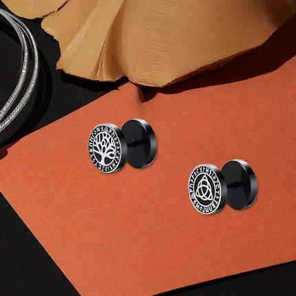Orecchini a bottone con rune vichinghe norvegesi gotiche per uomo Ragazzi Rock Punk Acciaio inossidabile Testa di lupo Bussola Nodo celtico Orecchini neri Regalo platinumshop