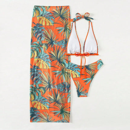 Nuovo Costume da Bagno con Stampa Tropicale, Bikini a Tre Pezzi con Inserti in Rete PlatiNum