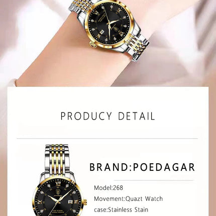 POEDAGAR Orologio da donna di lusso Orologio da donna impermeabile in acciaio inossidabile con data luminosa Orologi al quarzo da donna semplici e casual alla moda platinumshop