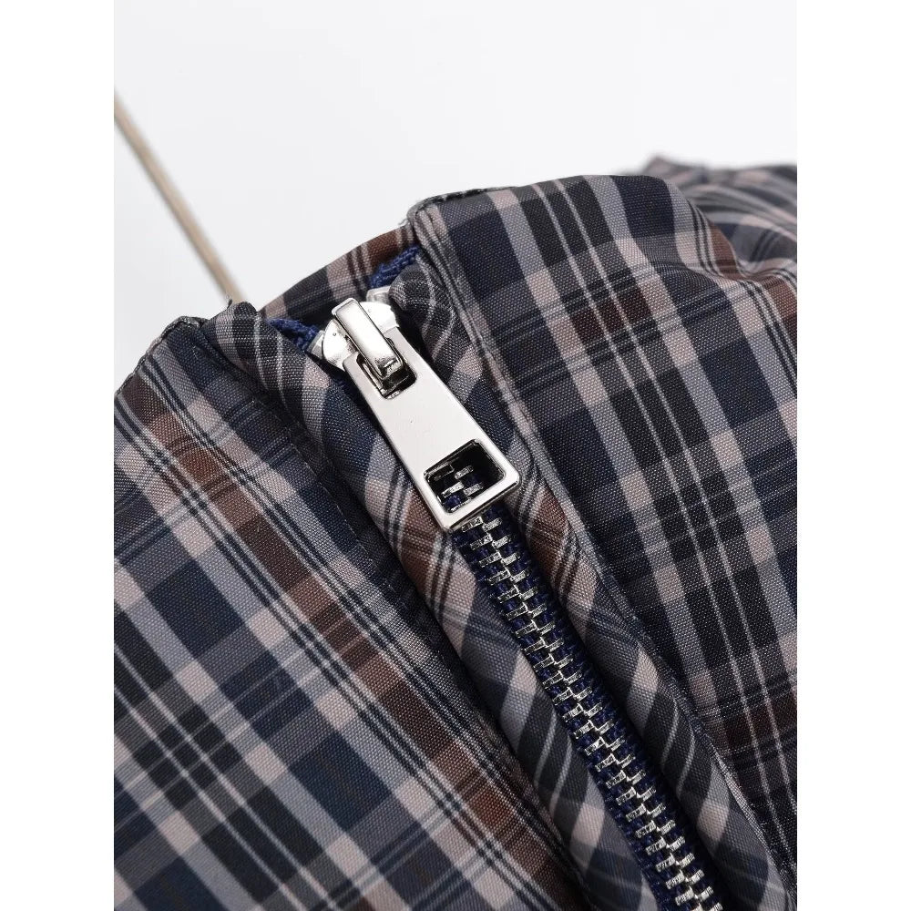 New in Winter High Neck Long Sleeves Zippered Coats for Women Brown Plaid Puffer Anorak with Adjustable Hem Comfy Padded Jackets