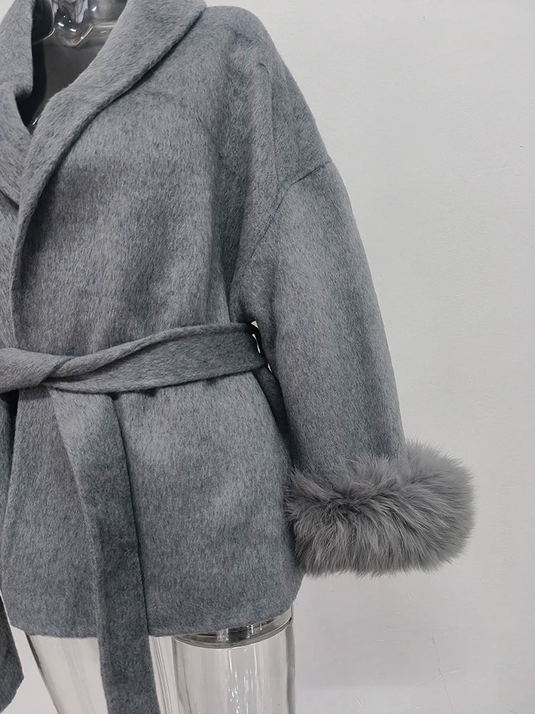 Elegant OL Office Lady Overcoats Fur Patchwork Long Sleeve Woolen Coat Beautiful Women's Clothing Jacket Autumn 2025 Spring