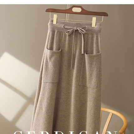 Autumn And Winter100% Pure Wool Skirt Women's Long Pocket Small A Skirt High Waist Slim Cashmere Knit A-Line Skirt PlatiNum