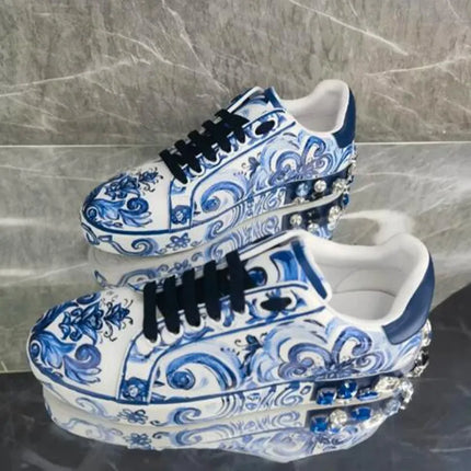 Genuine Leather Casual Shoes For Men Flats Masculine Blue And White Porcelain Zapatillas Hombre Luxury Designer Diamond Shoes