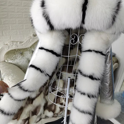 Winter Long Jacket Real Fur Coat Women Clothes Large Silver Fox Fur Collar Detachable Natural Fox Lining Parkas Leather Fur