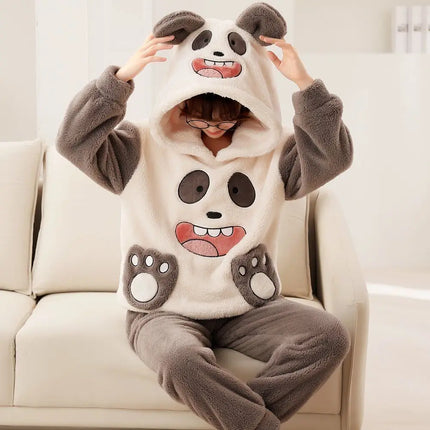 Cute Pajamas Set 2 Pieces Women Sleepwear Warm Winter Thick Coral Fleece Hooded Cartoon Girls Homewear Animal Pajamas Nighties