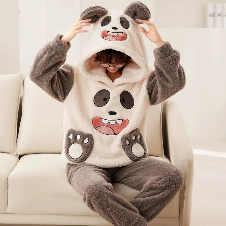 Cute Pajamas Set 2 Pieces Women Sleepwear Warm Winter Thick Coral Fleece Hooded Cartoon Girls Homewear Animal Pajamas Nighties