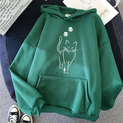 Whimsical Cat Print Sweatshirts Cat Women Kawaii Kangaroo Pocket Hoodies Girl Casual Pullovers Female Animal Hooded 90s Clothing