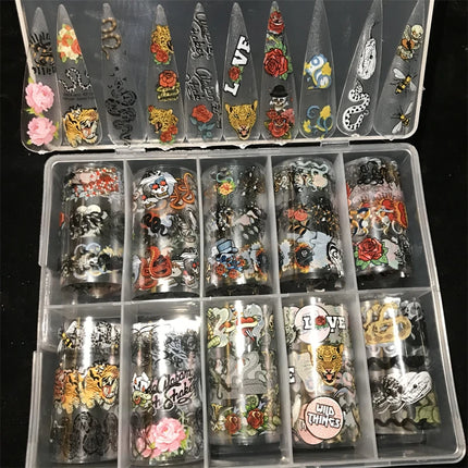 10 Patterns New Metal Nail Foils for Transfer Paper Stickers Floral Chameleon Nails Wraps DIY Water Marble Nail Art Decorations