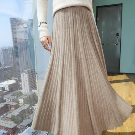 FRSEUCAG Autumn and winter women's warm half skirt 100% mink cashmere pleated skirt thick long skirt soft and loose fashionable PlatiNum