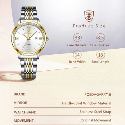 POEDAGAR Orologio da Donna Raffinato Impermeabile Luminoso con Data, Orologio da Polso Femminile di Alta Qualità in Acciaio Inossidabile, Elegante Orologio al Quarzo per Donne platinumshop