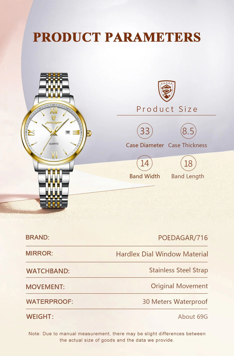 POEDAGAR Orologio da Donna Raffinato Impermeabile Luminoso con Data, Orologio da Polso Femminile di Alta Qualità in Acciaio Inossidabile, Elegante Orologio al Quarzo per Donne platinumshop