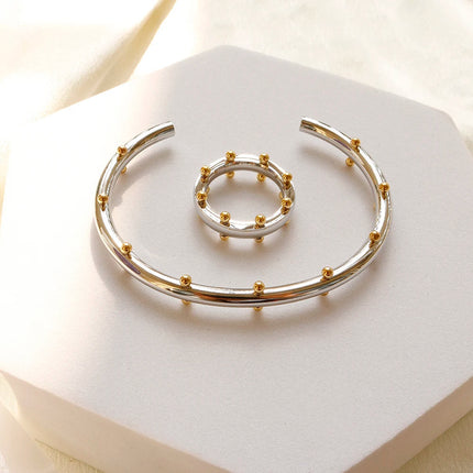 Set di gioielli di lusso Bracciale rigido in acciaio inossidabile Anello da dito Orecchini a cerchio con mini sfere per regali di gioielli di moda da donna platinumshop