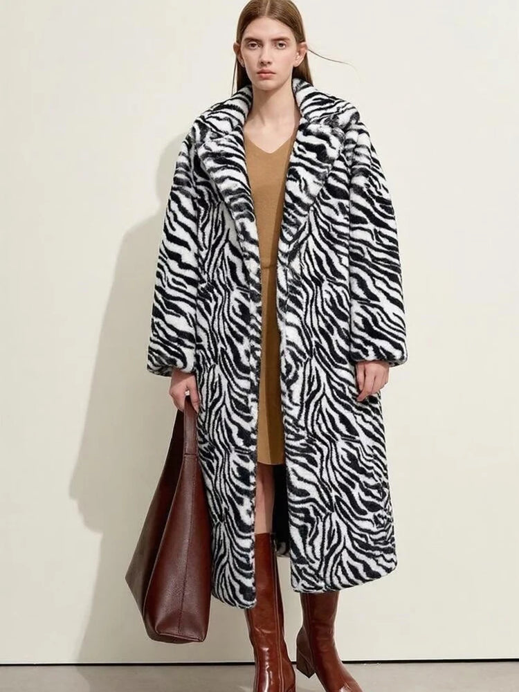 ZADORIN Elegant 130cm Long Furry Faux Rabbit Fur Coat Woman Y2K Clothes Leopard Lapel Faux Fur Jacket Woman Winter Fur Faux Coat
