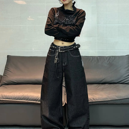 1 paio di jeans larghi con stampa Wing in stile retrò americano, pantaloni neri a gamba larga alla moda e versatili per donna