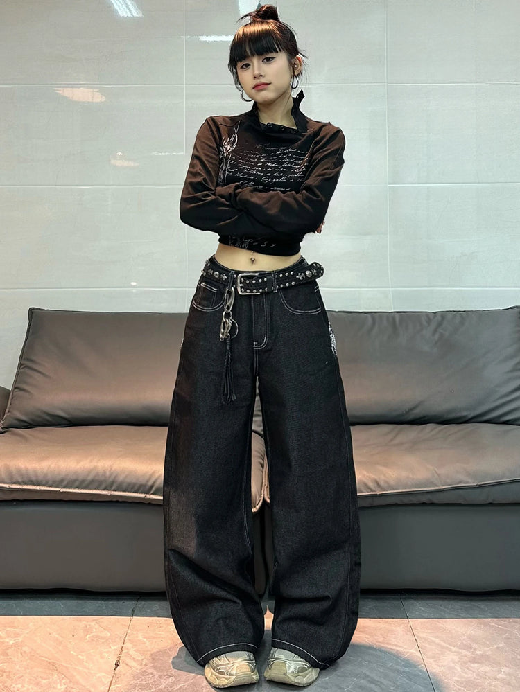 1 paio di jeans larghi con stampa Wing in stile retrò americano, pantaloni neri a gamba larga alla m