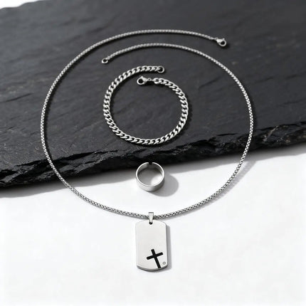 Set di 3 Pezzi: Collana Dogtag per Uomini e Ragazzi, Bracciale con Catena Cubana in Acciaio Inossidabile, Set di Anelli Impermeabili Regalo platinumshop