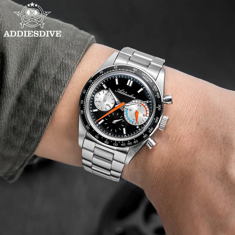 ADDIESDIVE 37mm Watch For Men Chronograph 10Bar Diver BGW9 Luminous Bubble Mirror Glass AD2539 Aluminum Ring VK63 Quartz Watches