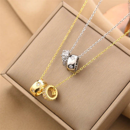 Non Tarnish Luxurious Fashion Crystal Rhombus Necklace with Ring Pendant Gold Color Jewelry for Women PlatiNum