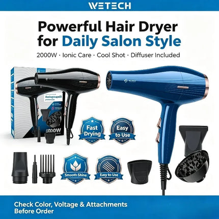 WETECH 2000W Professional Hair Dryer Negative Ion Blow Dryer Cool Shot Function With Concentrator Nozzle Diffuser Salon Home Travel Hair Styling Tool Adjustable Heat Speed 100-240V Universal Voltage