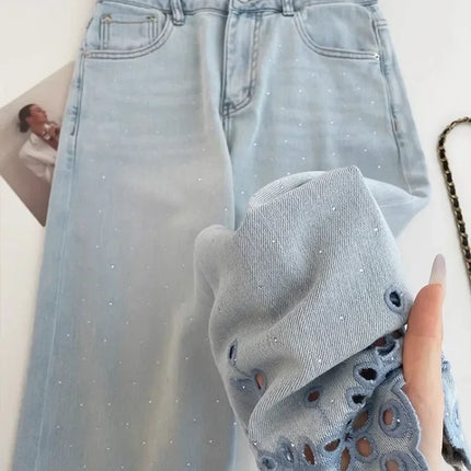 Jeans eleganti di lusso con strass ricamati vuoti allentati Jeans estivi da donna a vita alta pantaloni in denim dritti Y2K Casual Streetwear