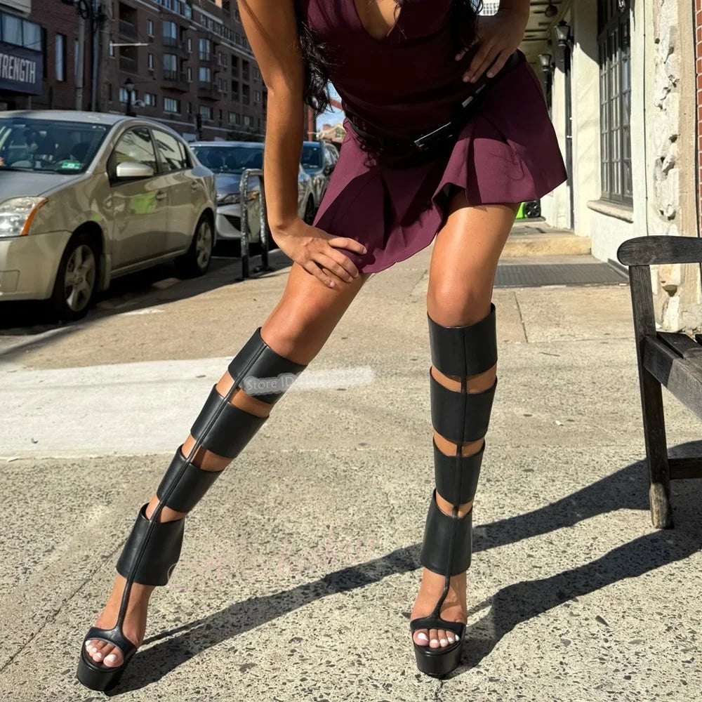 Cut Outs Platform Sandals Thin High Heels Solid Zipper Knee High Women Summer Shoes Open Toe Sexy Style Casual Party Designer