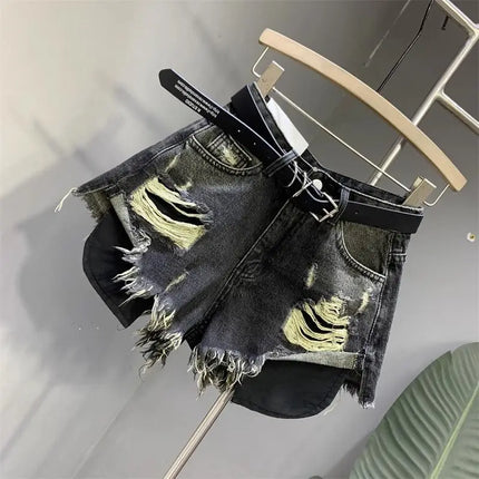 New style ripped denim shorts with frayed washed pockets and wide legs