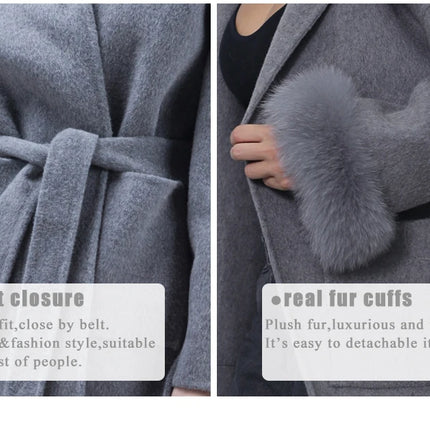MISSJANEFUR Wool Coat with Real Fox Fur Collar Cuff Women Fashion Belted Cashmere Coats Warm Winter Hooded Trench Peacoat