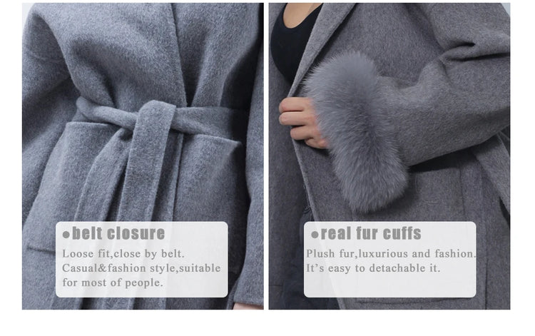 MISSJANEFUR Wool Coat with Real Fox Fur Collar Cuff Women Fashion Belted Cashmere Coats Warm Winter Hooded Trench Peacoat