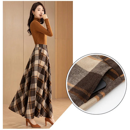 New Women Woolen Plaid Skirt Autumn Winter Fashion Elastic High Waist A-Line Wool Blended Long Skirt Simplicity Vintage Skirt PlatiNum