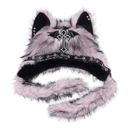 Fuzzy Faux Fur Cat Ear Ear Flap Hat, Gothic Edgy Design Plush Headwear, Fashion Warm Hat for Teens Cosplay & Daily Matching