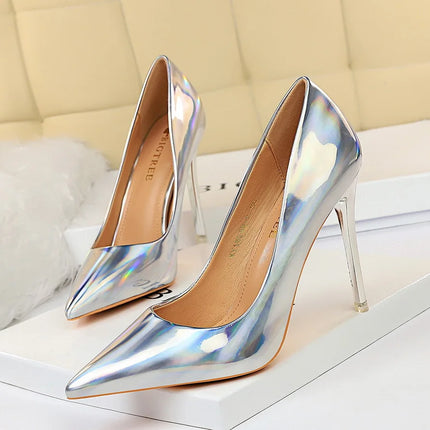 Tacchi alti da donna Blu Verde Décolleté di San Valentino Lusso lucido Stiletto Matrimonio Nuziale Discoteca Moda Semplice Colore solido 1829-2