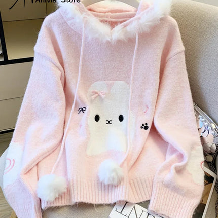 Women's Pink Hooded Long Sleeve Cute Overhead Sweater Y2K Japanese Style 2000S College Retro Autumn Winter Warm Sweater Clothes