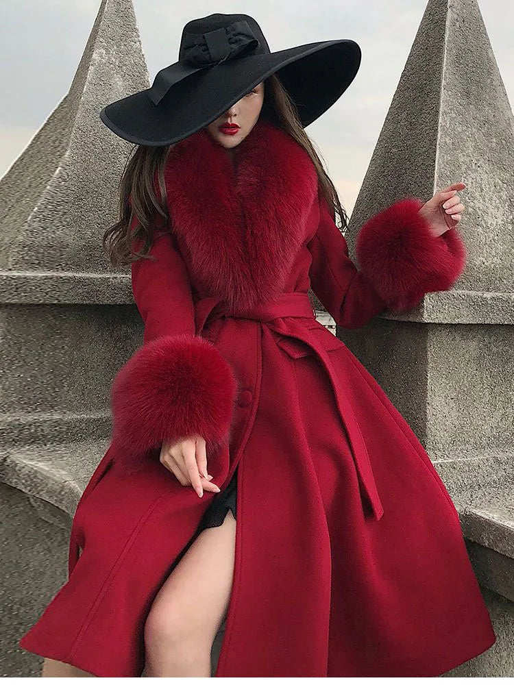 Women Fashion Long Luxury Overcoat Female Winter Coats Fur Collar Warm Elegant Thicken Solid Colo Woolen Jackets Abrigos Mujer