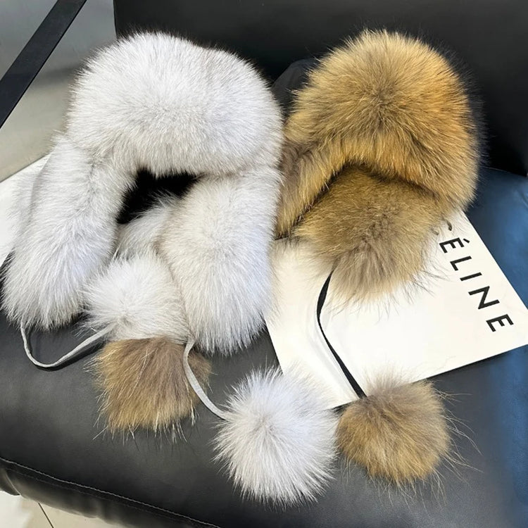 2026 100% Real Fox Fur Hats Women's Russian Ushanka Aviator Trapper Snow Skiing Hat Caps Earflap Winter Raccoon Fur Outerwear Ha