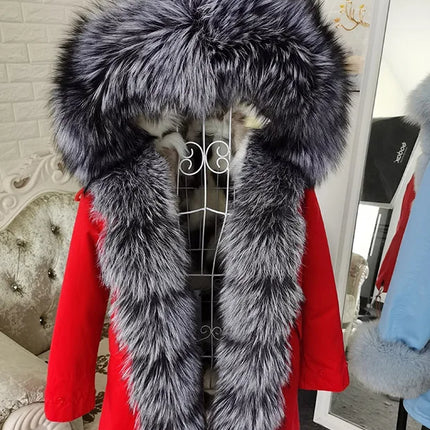 Winter Long Jacket Real Fur Coat Women Clothes Large Silver Fox Fur Collar Detachable Natural Fox Lining Parkas Leather Fur