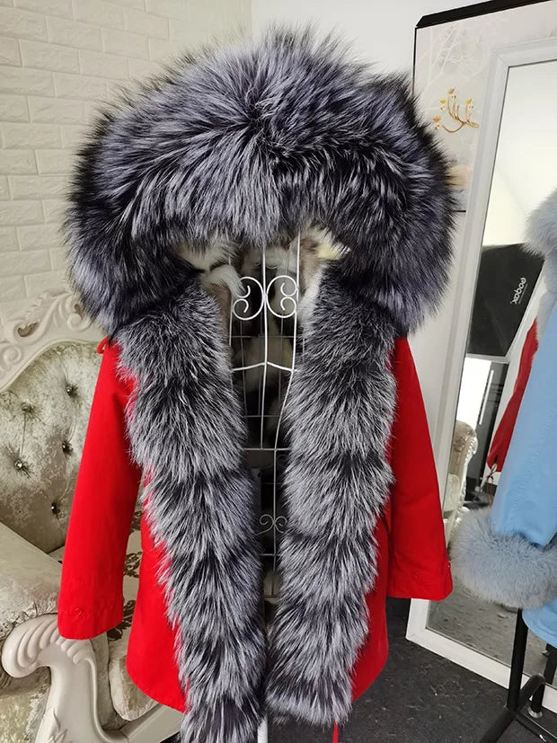 Winter Long Jacket Real Fur Coat Women Clothes Large Silver Fox Fur Collar Detachable Natural Fox Lining Parkas Leather Fur