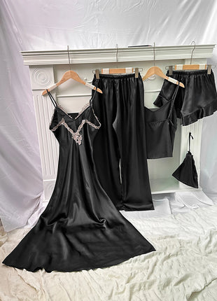 Set da notte in raso da 5 pezzi abito sottoveste in pizzo Cami Top pantaloncini con volant pantaloni da salotto pigiameria da notte da donna