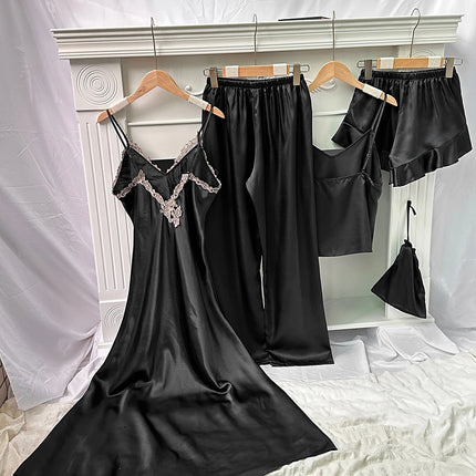 Set da notte in raso da 5 pezzi abito sottoveste in pizzo Cami Top pantaloncini con volant pantaloni da salotto pigiameria da notte da donna