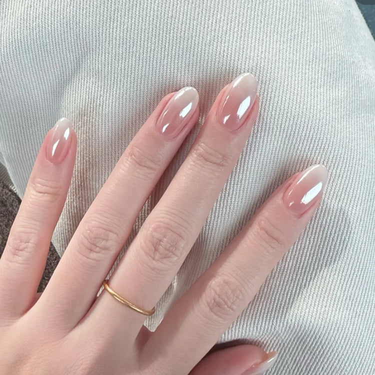 24Pcs Medium Almond Nude‑Pink 3D Textured Metallic Cat‑Eye French Sheer Press‑On False Nails For Nail Art Decor