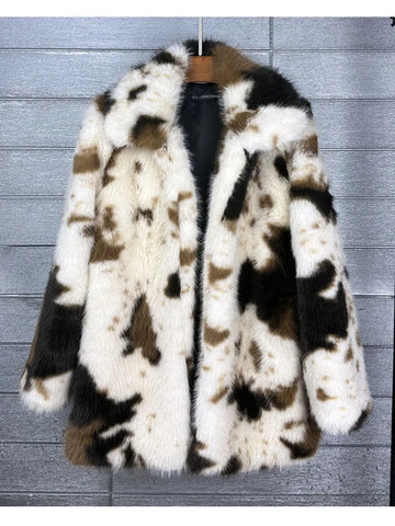 ZADORIN 2026 Chic Mid Long Cow Pattern Fluffy Faux Fur Coat Woman Lapel Loose Winter Fur Coats Woman Furry Jacket Fur Faux Coat