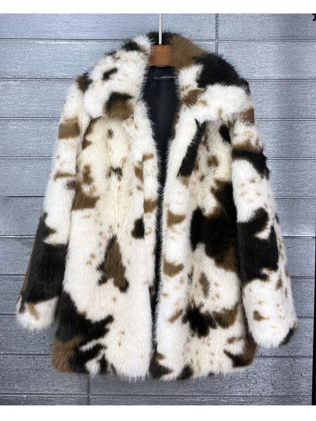 ZADORIN 2026 Chic Mid Long Cow Pattern Fluffy Faux Fur Coat Woman Lapel Loose Winter Fur Coats Woman Furry Jacket Fur Faux Coat