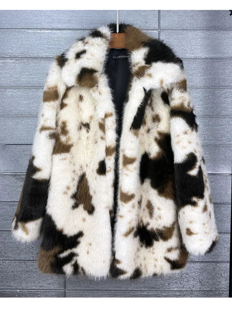 ZADORIN 2026 Chic Mid Long Cow Pattern Fluffy Faux Fur Coat Woman Lapel Loose Winter Fur Coats Woman Furry Jacket Fur Faux Coat